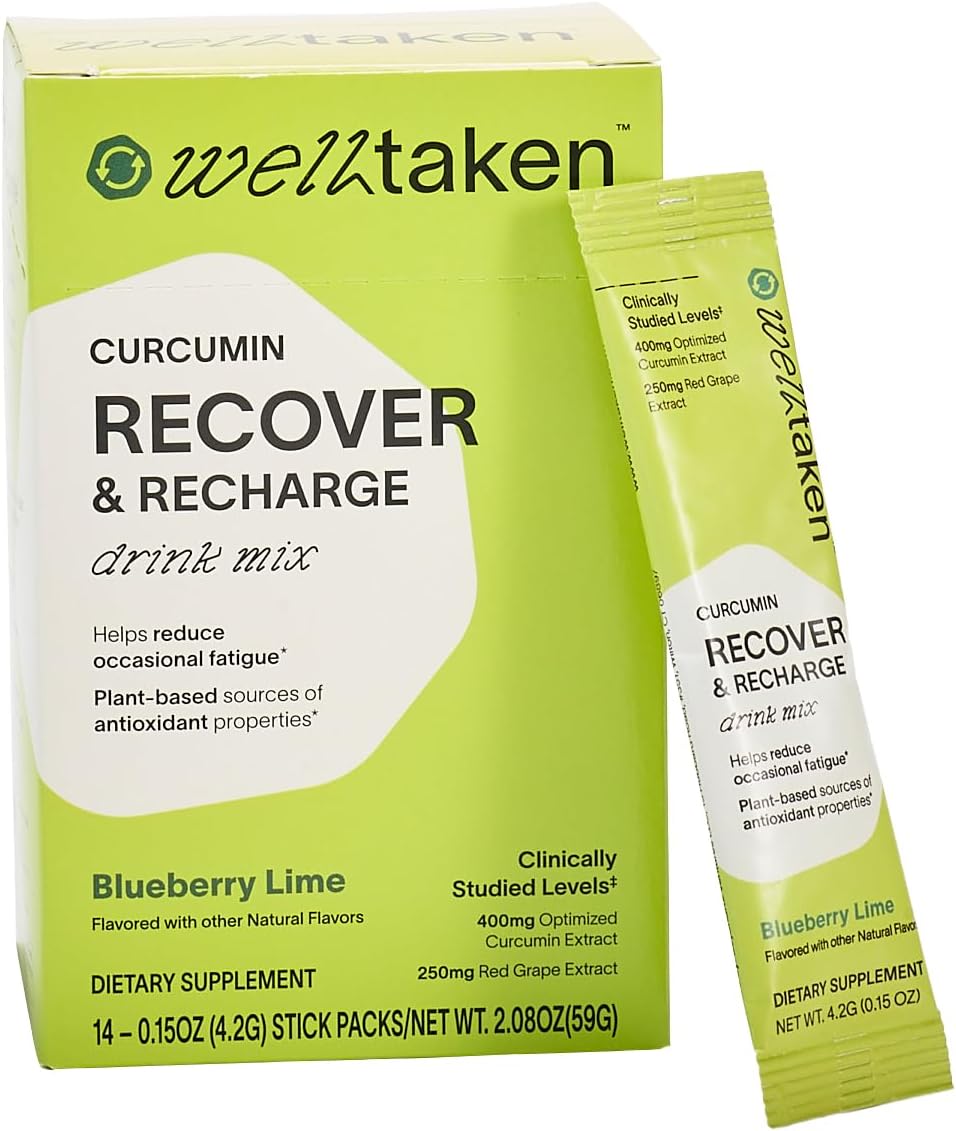 Blueberry Lime Turmeric Curcumin Recover Powder - 14ct Box, 400mg Optimized Curcumin with Pomegranate and Red Grape - Supports Energy Levels - Vegan, 14 Servings