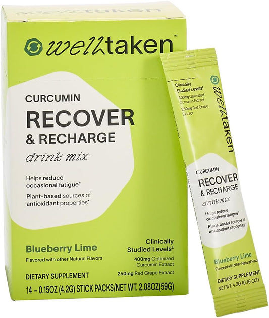 Blueberry Lime Turmeric Curcumin Recover Powder - 14ct Box, 400mg Optimized Curcumin with Pomegranate and Red Grape - Supports Energy Levels - Vegan, 14 Servings