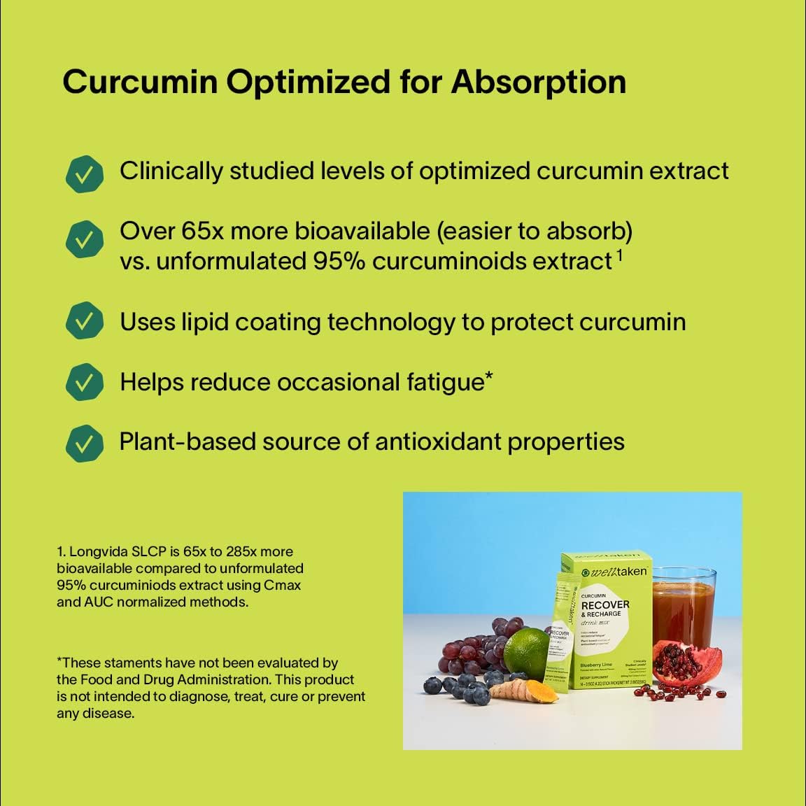 Blueberry Lime Turmeric Curcumin Recover Powder - 14ct Box, 400mg Optimized Curcumin with Pomegranate and Red Grape - Supports Energy Levels - Vegan, 14 Servings