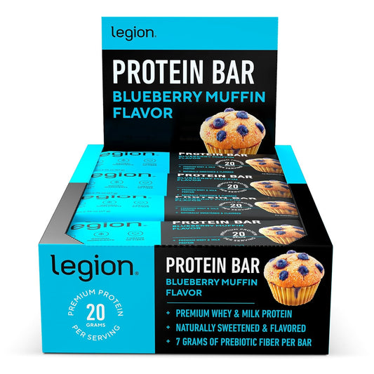 Blueberry Muffin Legion Protein Bars - 100% Whey Protein, Soy Free, Prebiotic Fiber - Low Fat, Gluten Free Healthy Snack Bars with Natural Flavor (12 Count)