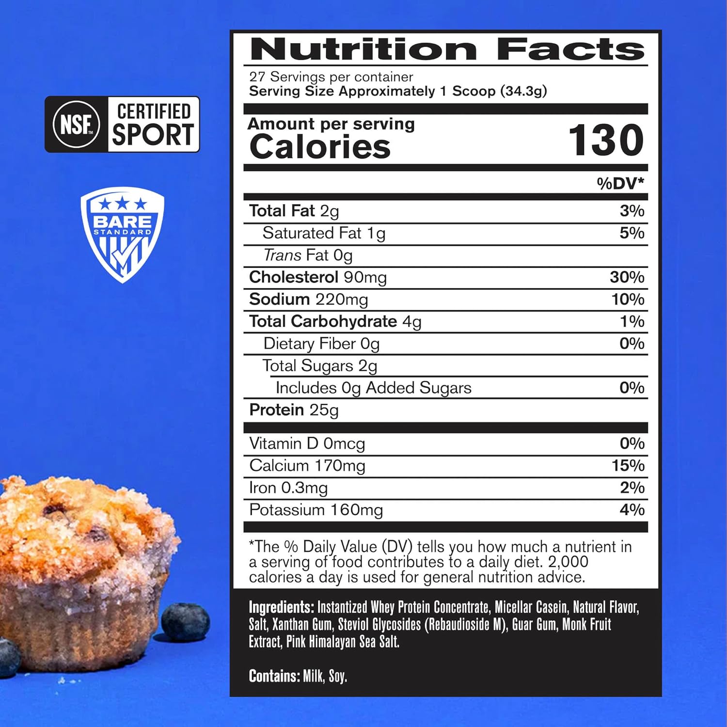 Blueberry Muffin Whey + Casein Protein Powder, 25g Protein, Lean Muscle Recovery, 27 Servings
