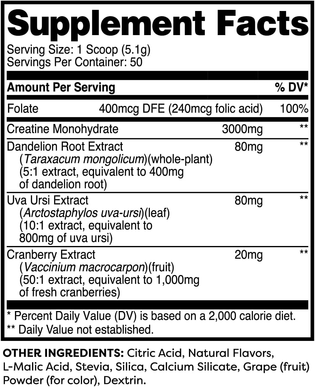 Blueberry Pomegranate Creatine Monohydrate with Dandelion, Uva Ursi, & Cranberry Extract - 50 Servings