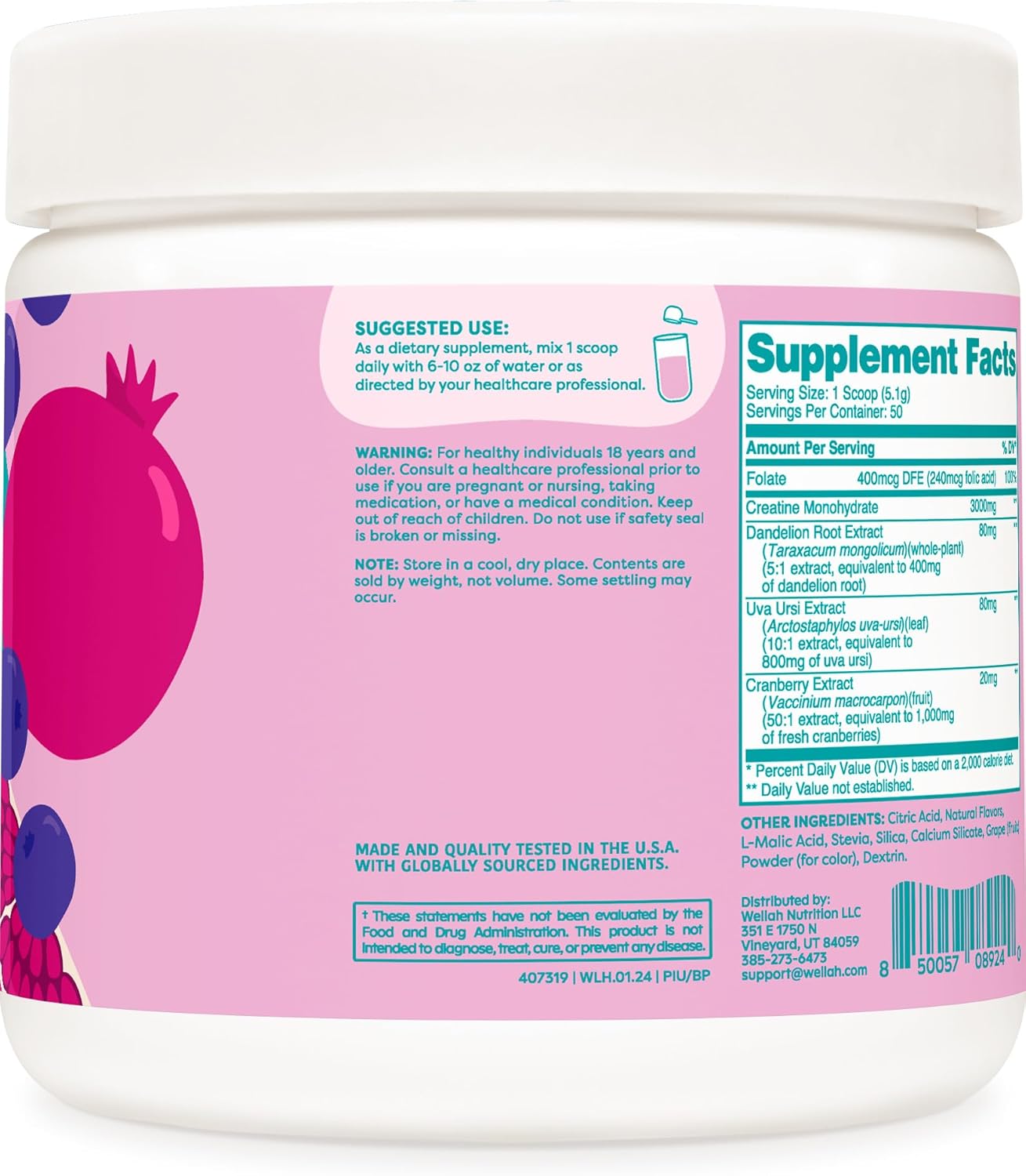Blueberry Pomegranate Creatine Monohydrate with Dandelion, Uva Ursi, & Cranberry Extract - 50 Servings
