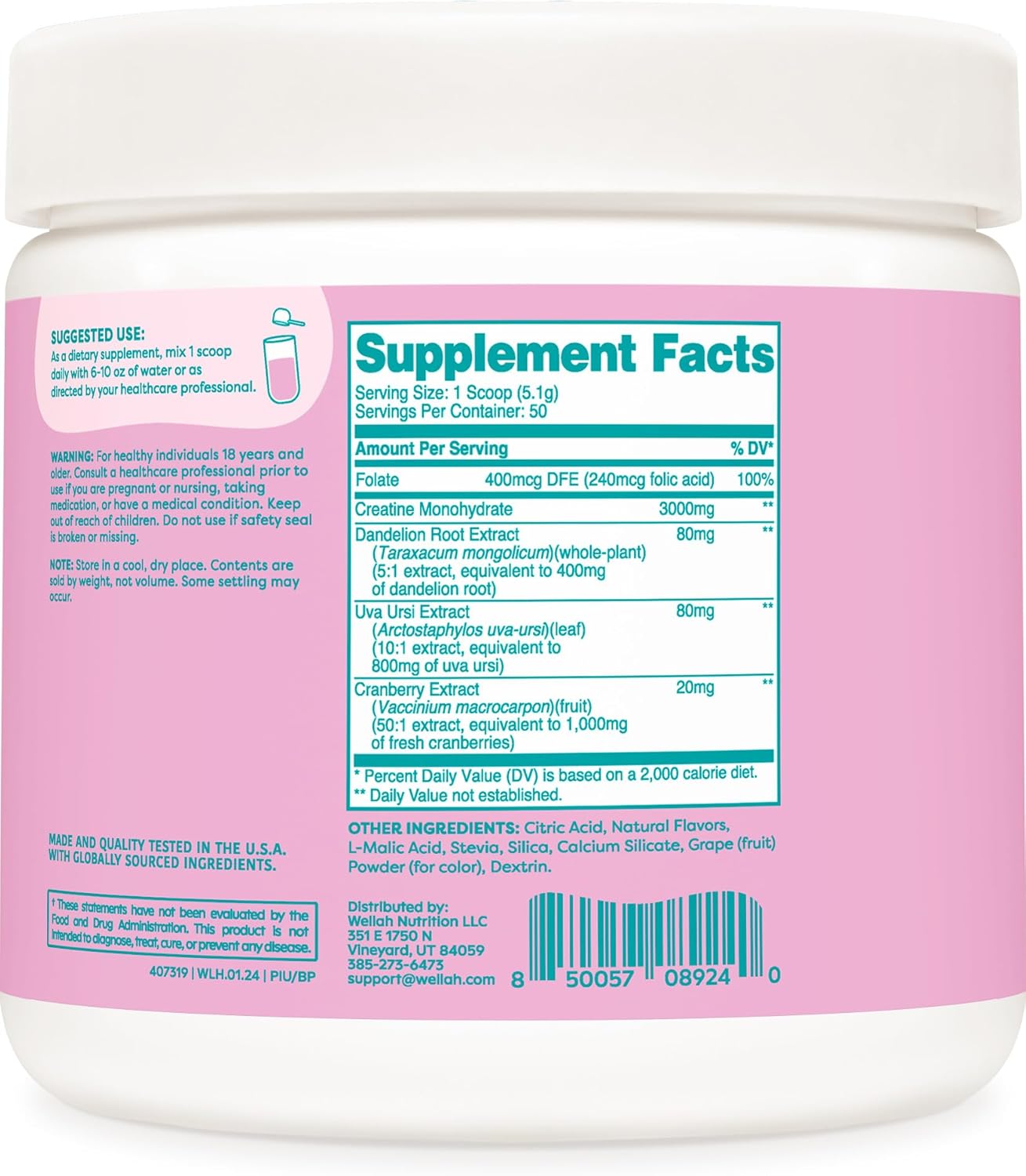 Blueberry Pomegranate Creatine Monohydrate with Dandelion, Uva Ursi, & Cranberry Extract - 50 Servings