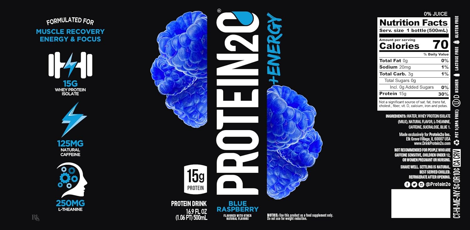 Blueberry Raspberry Protein2o Water with 15g Whey Protein and Energy, 16.9 oz Bottle (Pack of 12) - BoostGo Australia