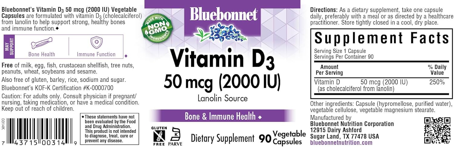 BlueBonnet 2000 IU Vitamin D3 Capsules - 90 Count, Vegetarian Friendly