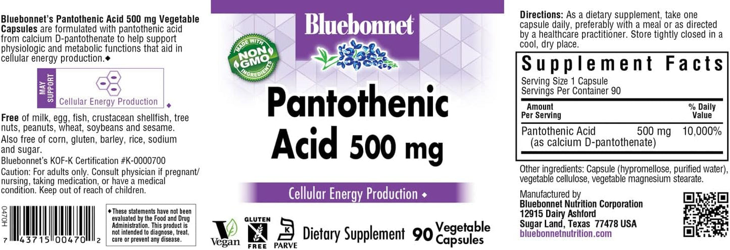 BlueBonnet 500 mg Pantothenic Acid Capsules - 90 Vegetable Capsules