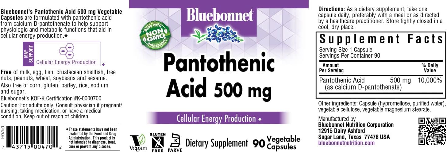 BlueBonnet 500 mg Pantothenic Acid Capsules - 90 Vegetable Capsules