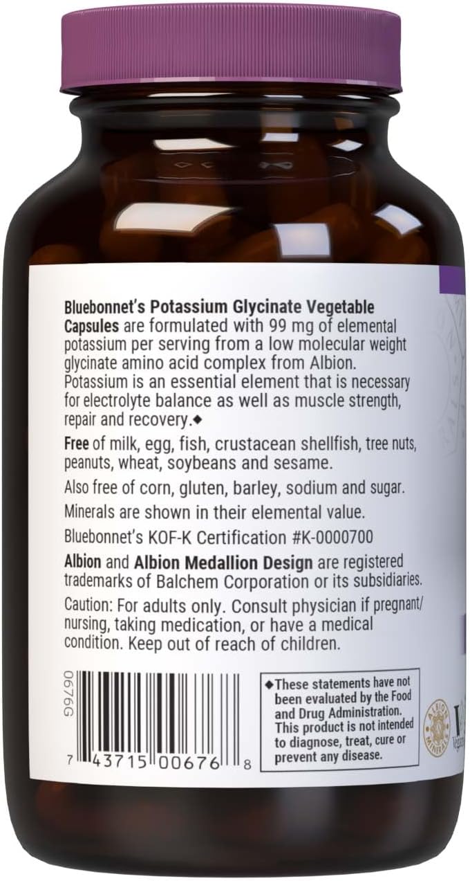 BlueBonnet Albion Potassium Glycinate Capsules - Vegetarian - 99 mg - 90 Count