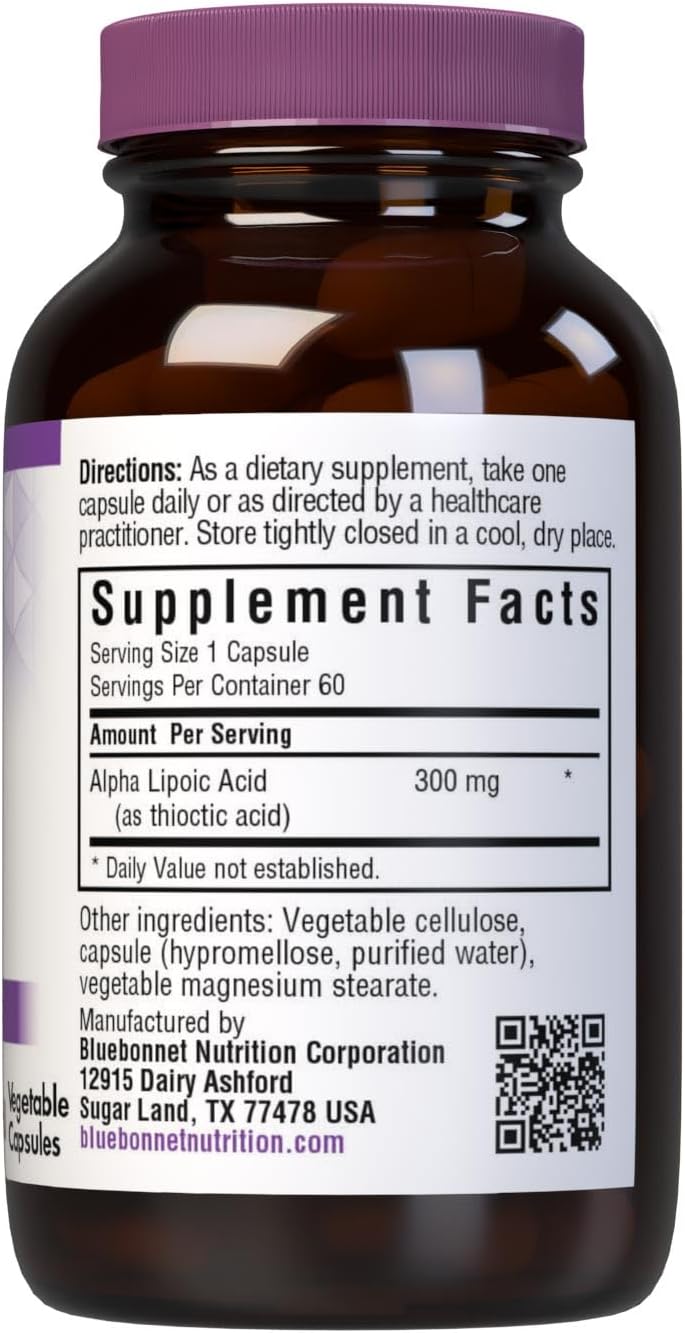 BlueBonnet Alpha Lipoic Acid Capsules - 300 mg, 60 Vegetarian Capsules, White Color