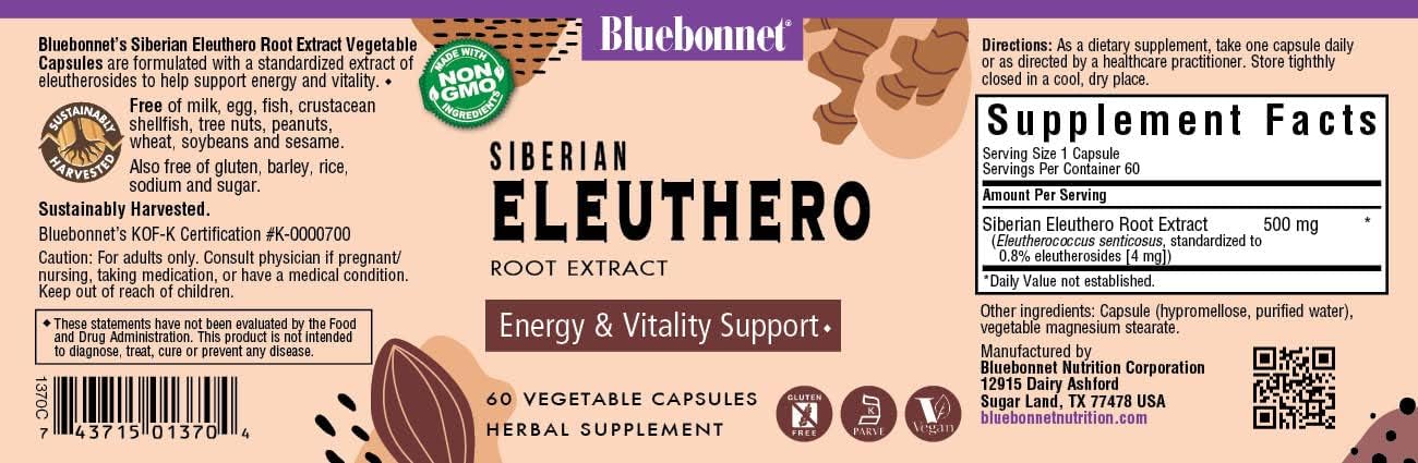 Bluebonnet Eleuthero Root Extract 500mg - 60 Vegetarian Capsules