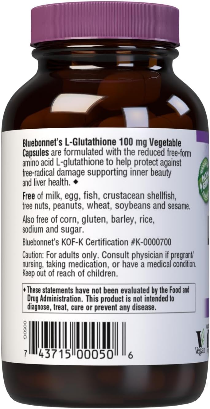 Bluebonnet L-Glutathione 100mg Capsules, 60 Count, Antioxidant Supplement