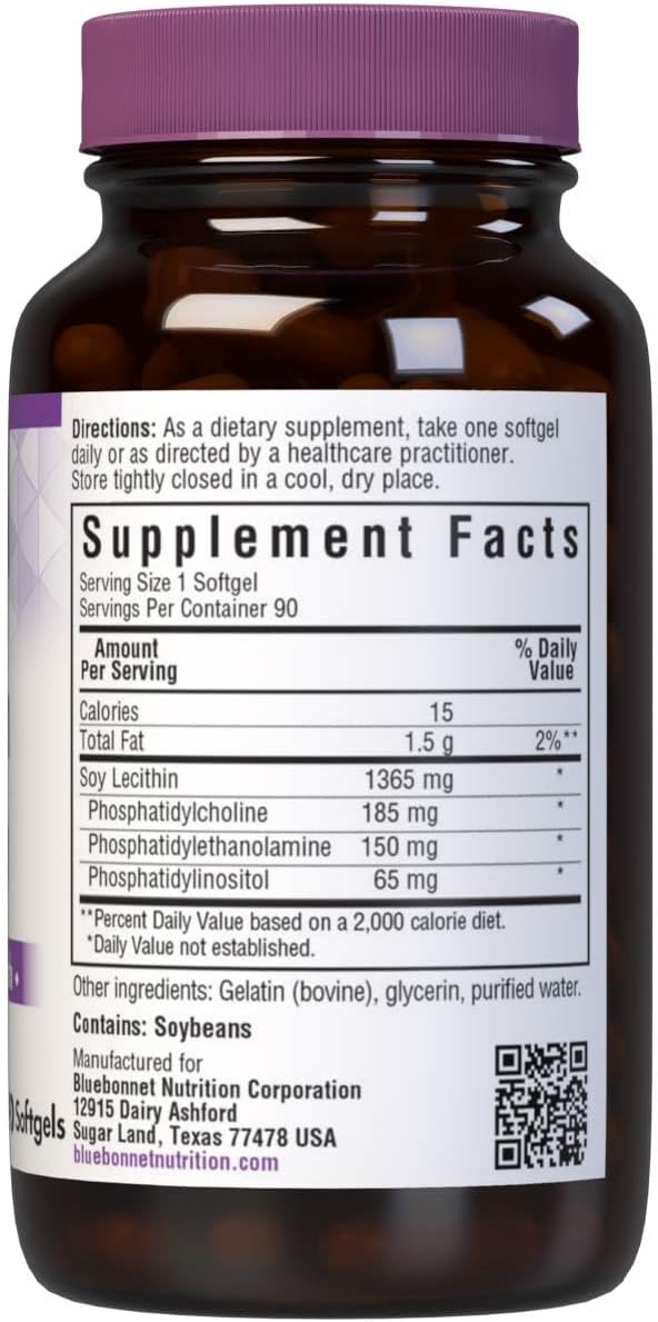 Bluebonnet Lecithin Softgels 1365mg, 90 Capsules - Non-GMO, Soy-Free Supplement for Brain Health & Liver Support