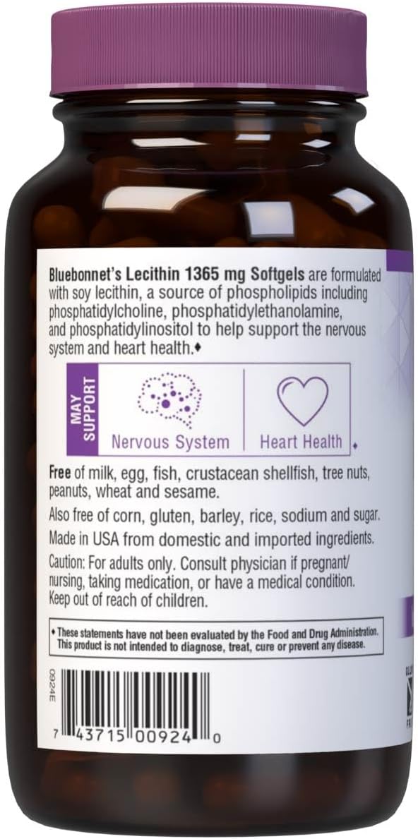 Bluebonnet Lecithin Softgels 1365mg, 90 Capsules - Non-GMO, Soy-Free Supplement for Brain Health & Liver Support