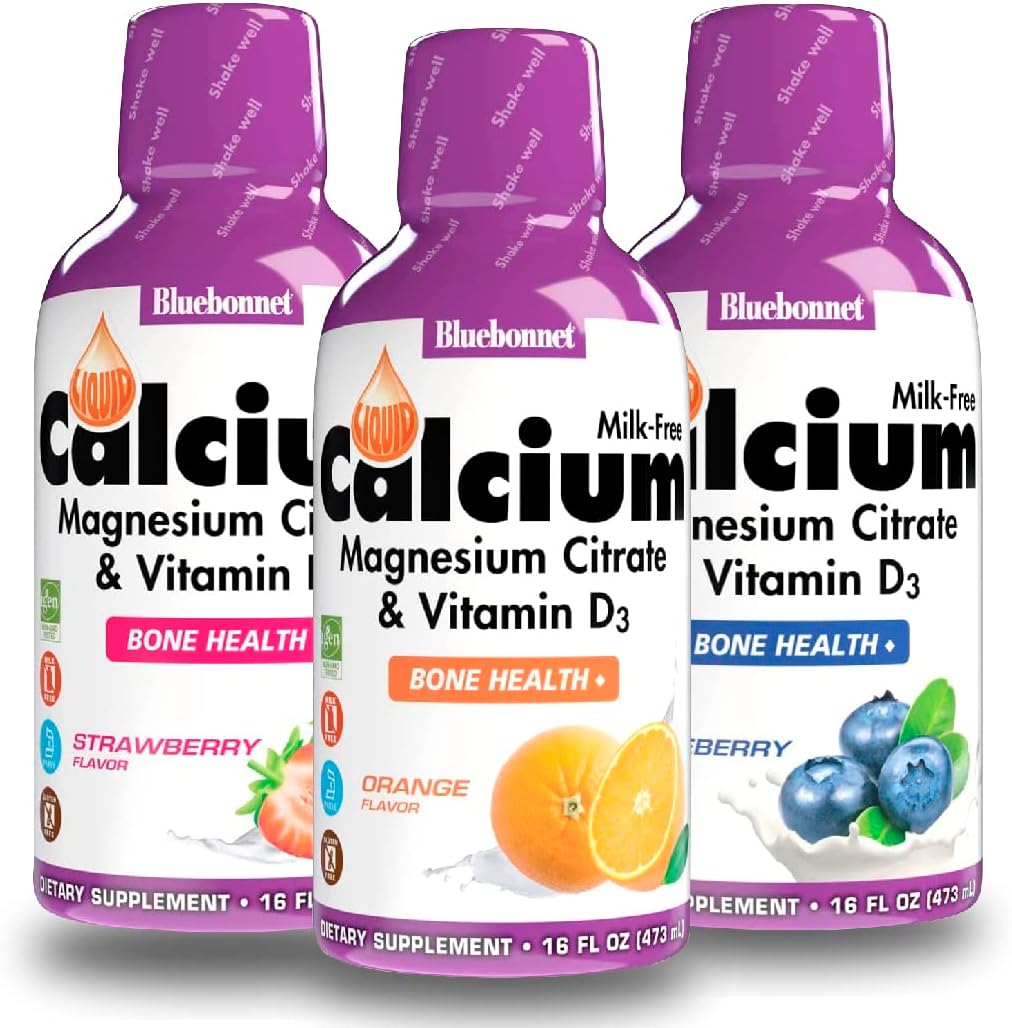 Bluebonnet Liquid Calcium Citrate Magnesium Citrate, Vitamin D3 Bundle - Orange, Blueberry, Strawberry Flavors, 3 Bottles, 16 Fl Oz each