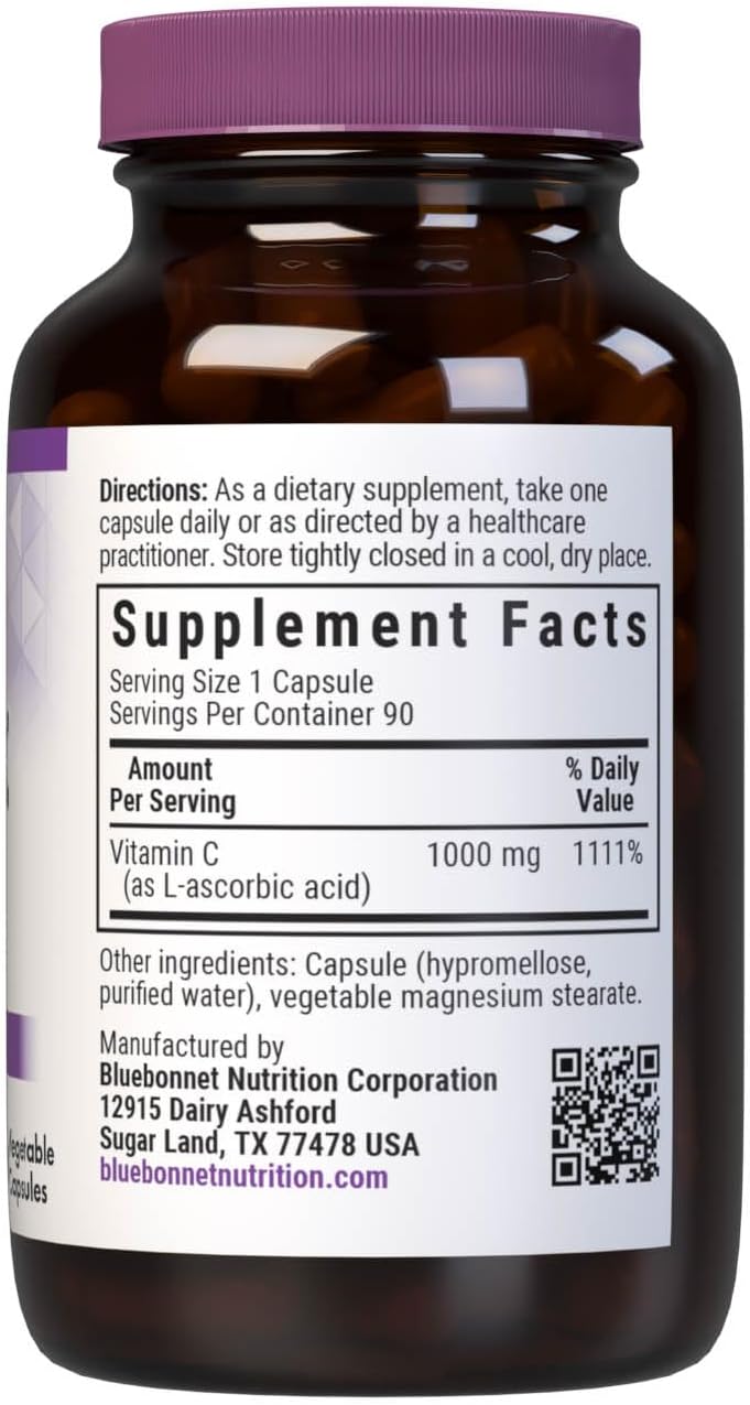 Bluebonnet Nutrition 1000mg Vitamin C Capsules for Immune & Skin Health - Vegan, Non GMO, 90 Count