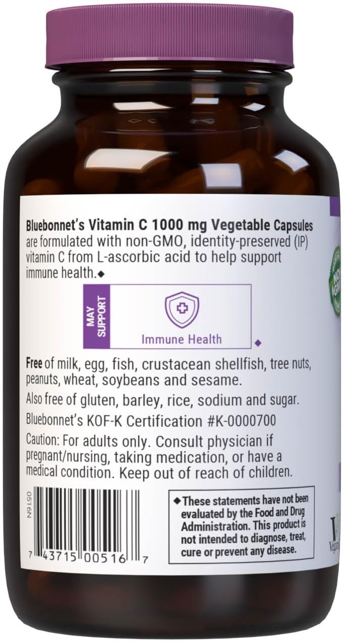 Bluebonnet Nutrition 1000mg Vitamin C Capsules for Immune & Skin Health - Vegan, Non GMO, 90 Count