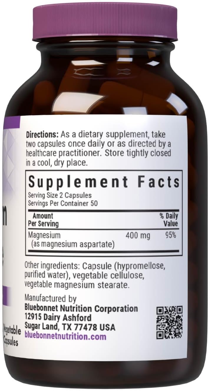 Bluebonnet Nutrition 400mg Magnesium Aspartate Capsules - 100 Vegetarian Capsules