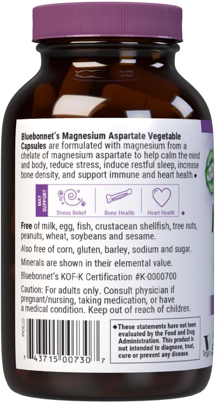 Bluebonnet Nutrition 400mg Magnesium Aspartate Capsules - 100 Vegetarian Capsules