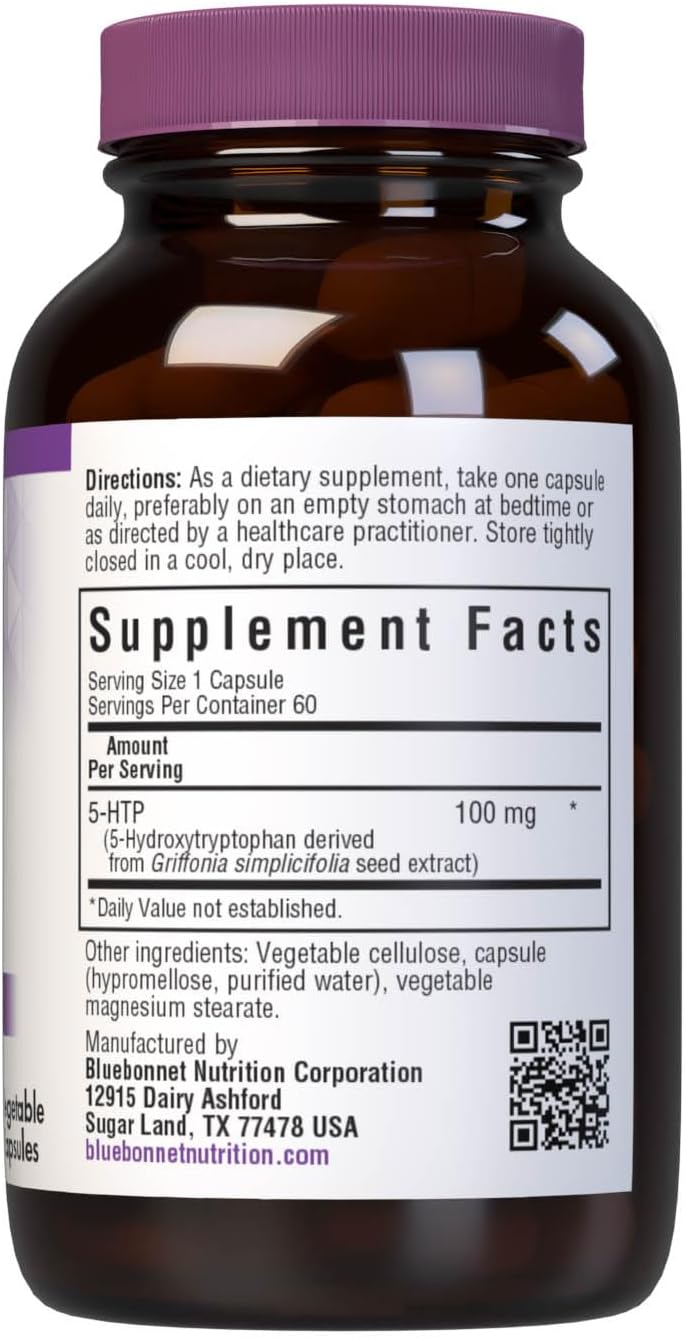 Bluebonnet Nutrition 5-HTP 100mg Capsules for Neurotransmitter Support and Positive Mood, Vegan and Non-GMO, 60 Servings