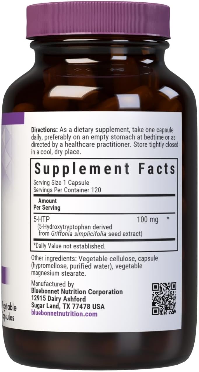 Bluebonnet Nutrition 5-HTP 100mg Capsules for Neurotransmitter Support and Positive Mood - Soy-Free, Gluten-Free, Non-GMO, Kosher, Vegan - 120 ct