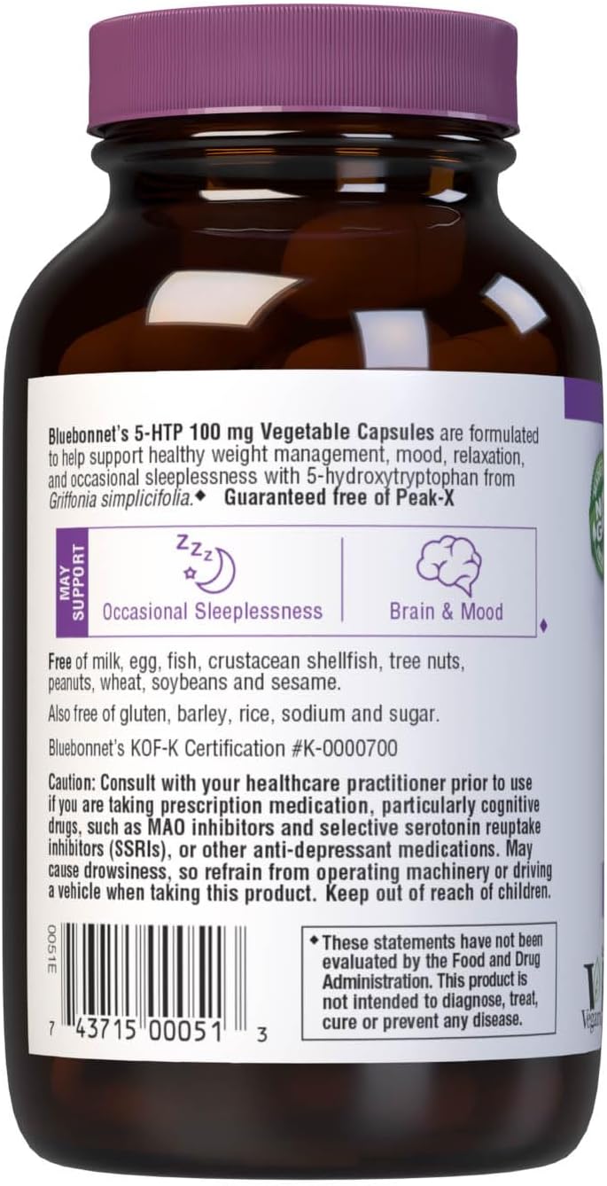 Bluebonnet Nutrition 5-HTP 100mg Capsules for Neurotransmitter Support and Positive Mood, Vegan and Non-GMO, 60 Servings
