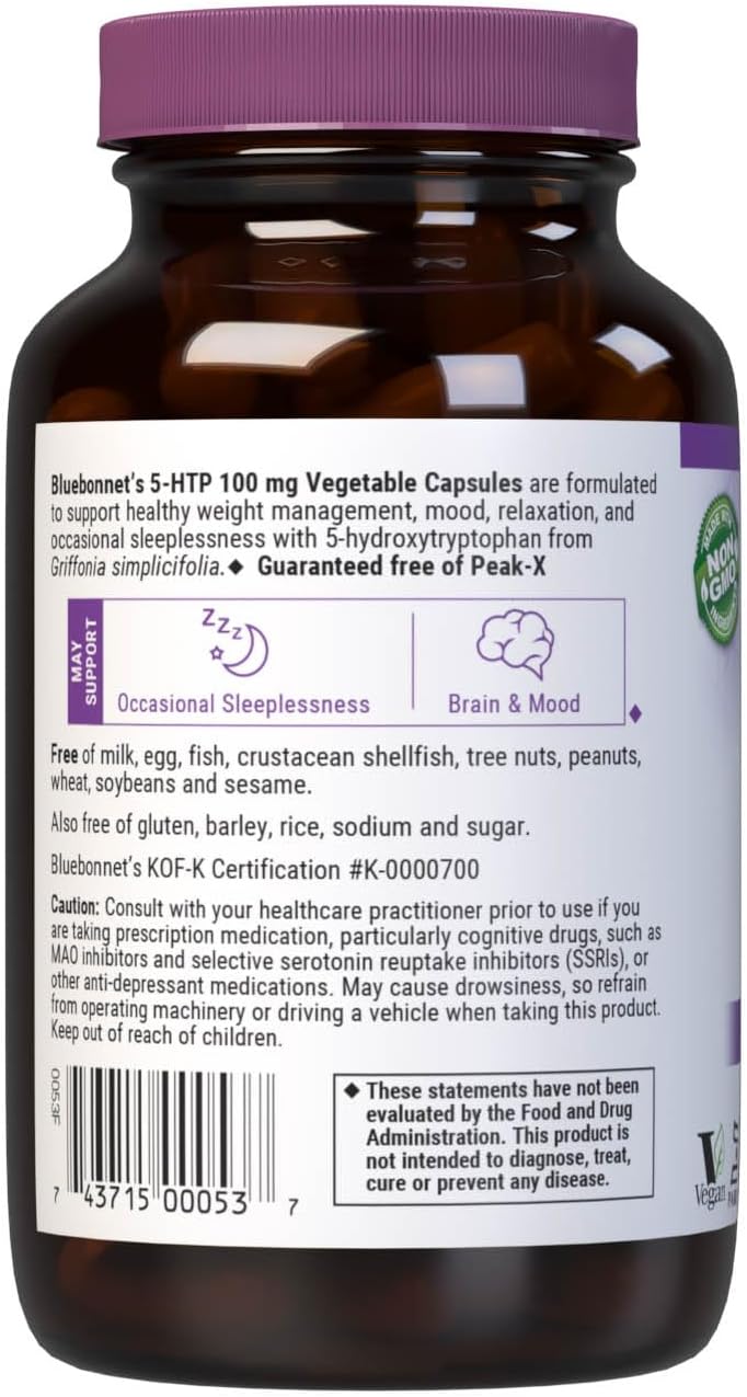 Bluebonnet Nutrition 5-HTP 100mg Capsules for Neurotransmitter Support and Positive Mood - Soy-Free, Gluten-Free, Non-GMO, Kosher, Vegan - 120 ct