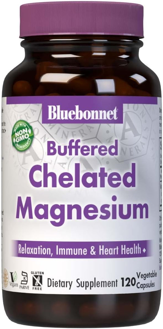 Bluebonnet Nutrition Albion Buffered Chelated Magnesium Capsules - 200mg, Stress Relief, Vegan, Non-GMO, Gluten-Free - 120 Count