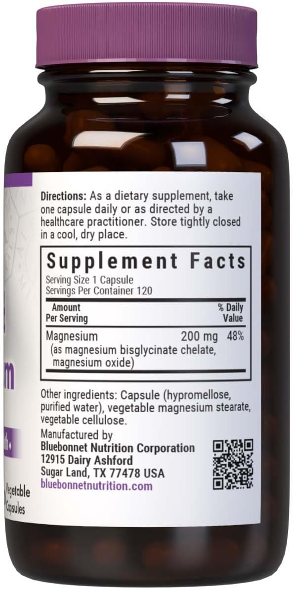 Bluebonnet Nutrition Albion Buffered Chelated Magnesium Capsules - 200mg, Stress Relief, Vegan, Non-GMO, Gluten-Free - 120 Count