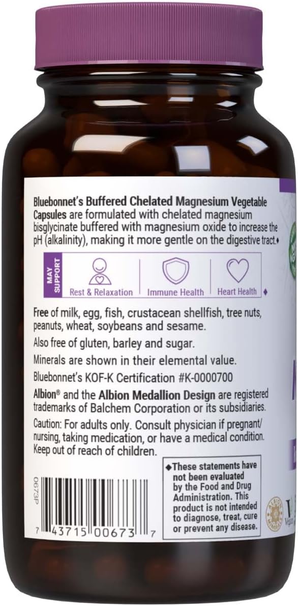 Bluebonnet Nutrition Albion Buffered Chelated Magnesium Capsules - 200mg, Stress Relief, Vegan, Non-GMO, Gluten-Free - 120 Count
