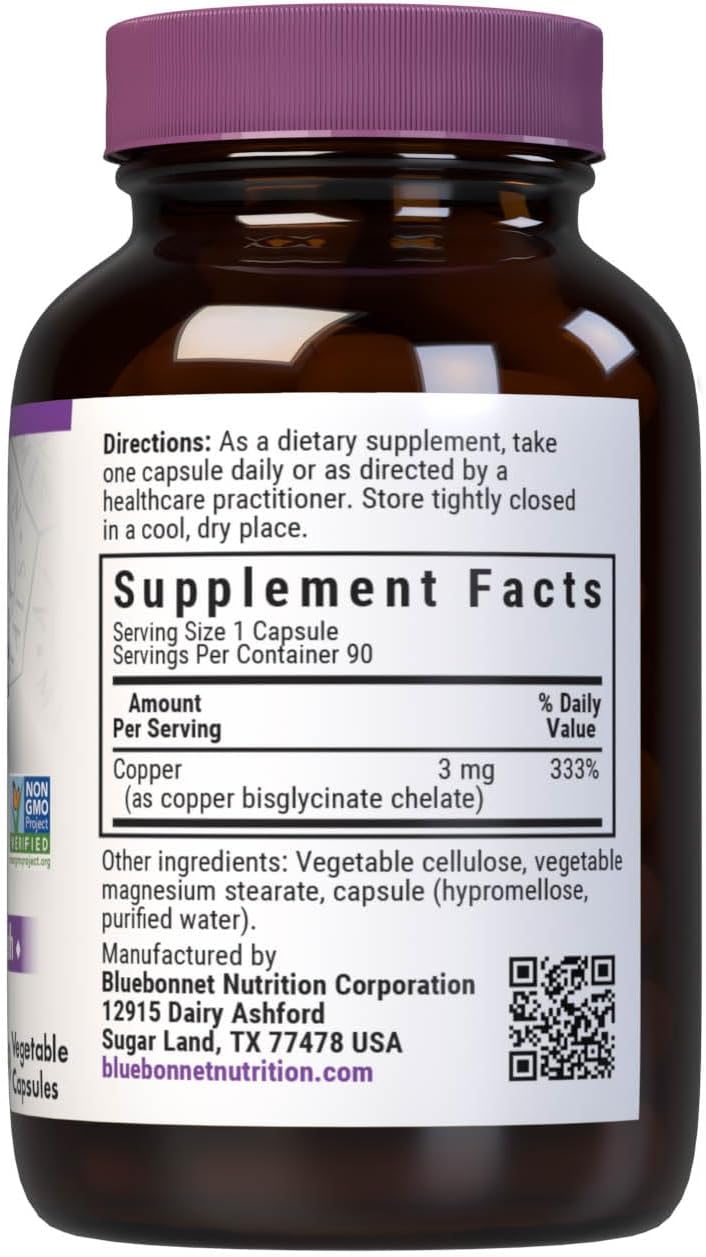 Bluebonnet Nutrition Albion Chelated Copper 3mg Supplement for Nervous System & Immune Health - Soy-Free, Gluten-Free, Non-GMO - 90 Capsules