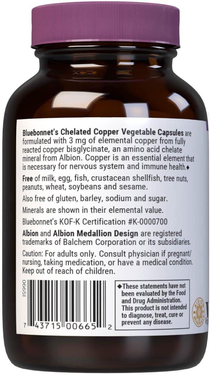 Bluebonnet Nutrition Albion Chelated Copper 3mg Supplement for Nervous System & Immune Health - Soy-Free, Gluten-Free, Non-GMO - 90 Capsules