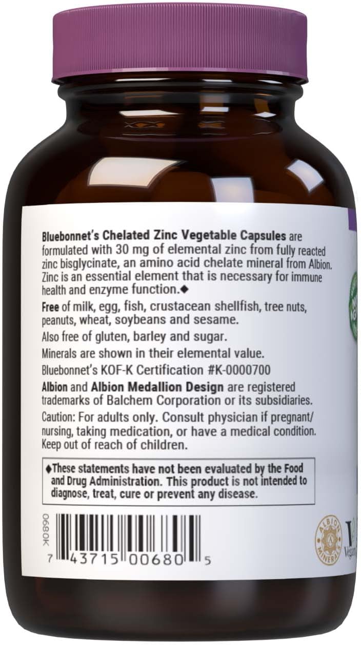 Bluebonnet Nutrition Albion Chelated Zinc Capsules - Immune & Enzyme Support, Soy-Free, Gluten-Free, Non-GMO - 90 Servings - BoostGo Australia