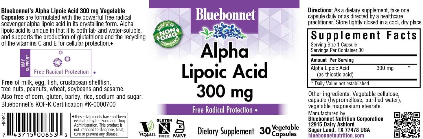 Bluebonnet Nutrition Alpha Lipoic Acid 300mg Capsules for Antioxidant Support