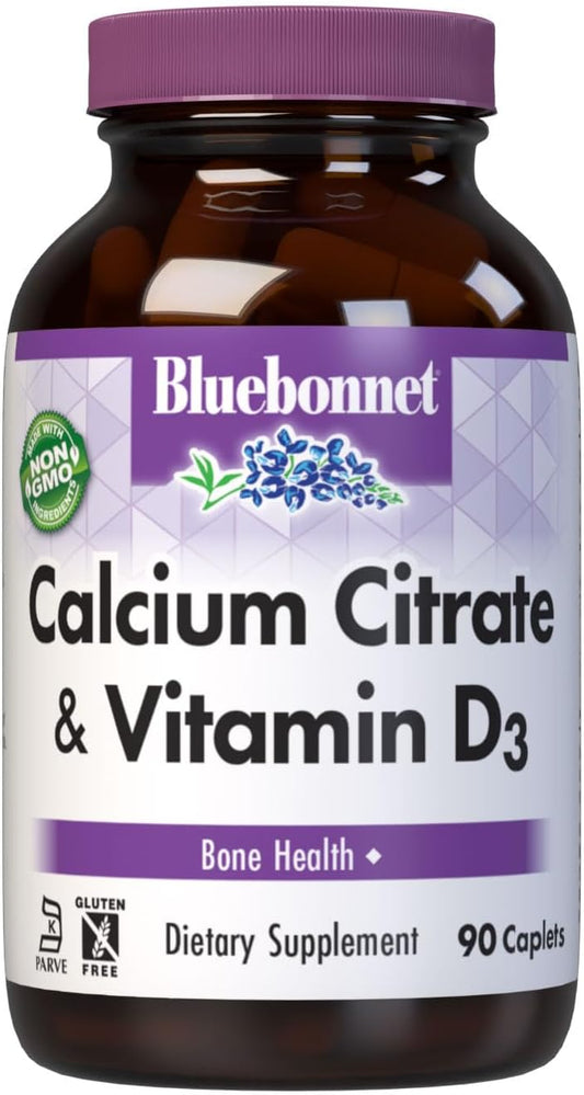 Bluebonnet Nutrition Calcium Citrate & Vitamin D3 Caplets for Bone Health - Non-GMO, Kosher, Gluten-Free, Soy-Free - 90 Caplets