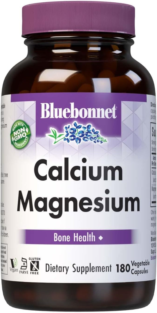 Bluebonnet Nutrition Calcium & Magnesium Capsules for Bone Health - Vegan, Non-GMO, Gluten-Free, Soy-Free - 180 Capsules