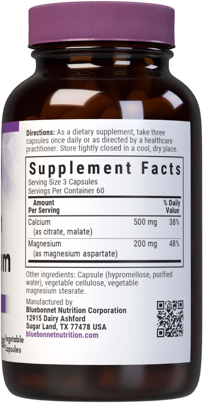 Bluebonnet Nutrition Calcium & Magnesium Capsules for Bone Health - Vegan, Non-GMO, Gluten-Free, Soy-Free - 180 Capsules