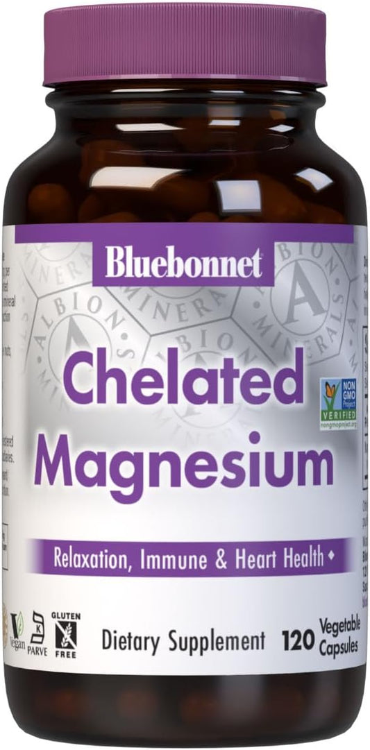 Bluebonnet Nutrition Chelated Magnesium Capsules - 200mg, Stress Relief, Vegan, Non GMO, Gluten Free - 120 Capsules, 2 Month Supply