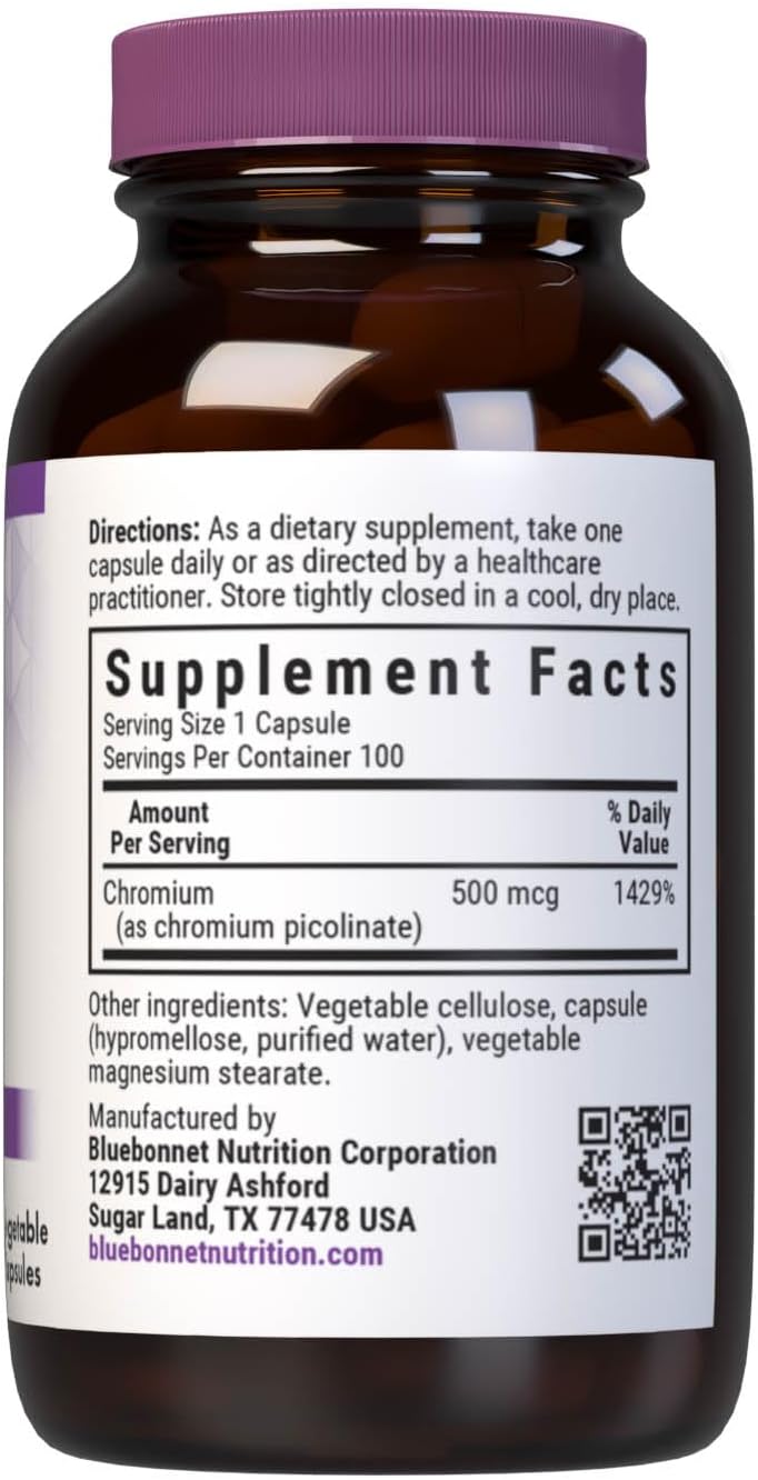 BlueBonnet Nutrition Chromium Picolinate 500 mcg - 100 Count Vegan Capsules, Non-GMO, Gluten, Dairy & Soy Free, Kosher Cert.