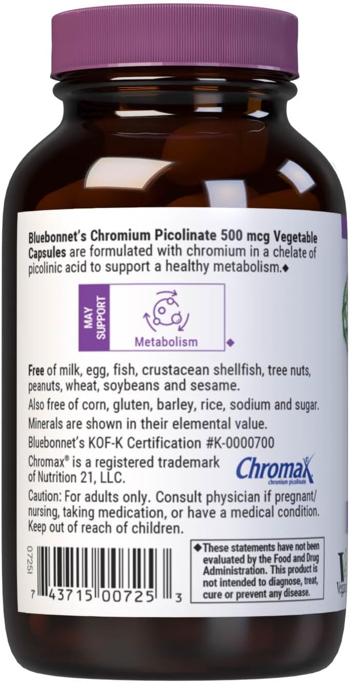 BlueBonnet Nutrition Chromium Picolinate 500 mcg - 100 Count Vegan Capsules, Non-GMO, Gluten, Dairy & Soy Free, Kosher Cert.