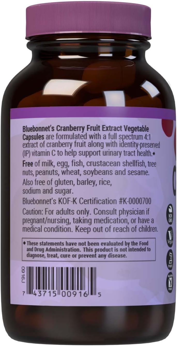 Bluebonnet Nutrition Cranberry Fruit Extract - Urinary Tract Support - Non-GMO, Kosher, Vegan, Gluten-Free - 60 Capsules