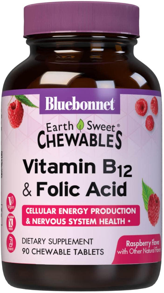 BlueBonnet Nutrition Earth Sweet Raspberry Chewable Vitamin B12 & Folic Acid Tablets - 90 Count Pack, Gluten-Free & Soy-Free