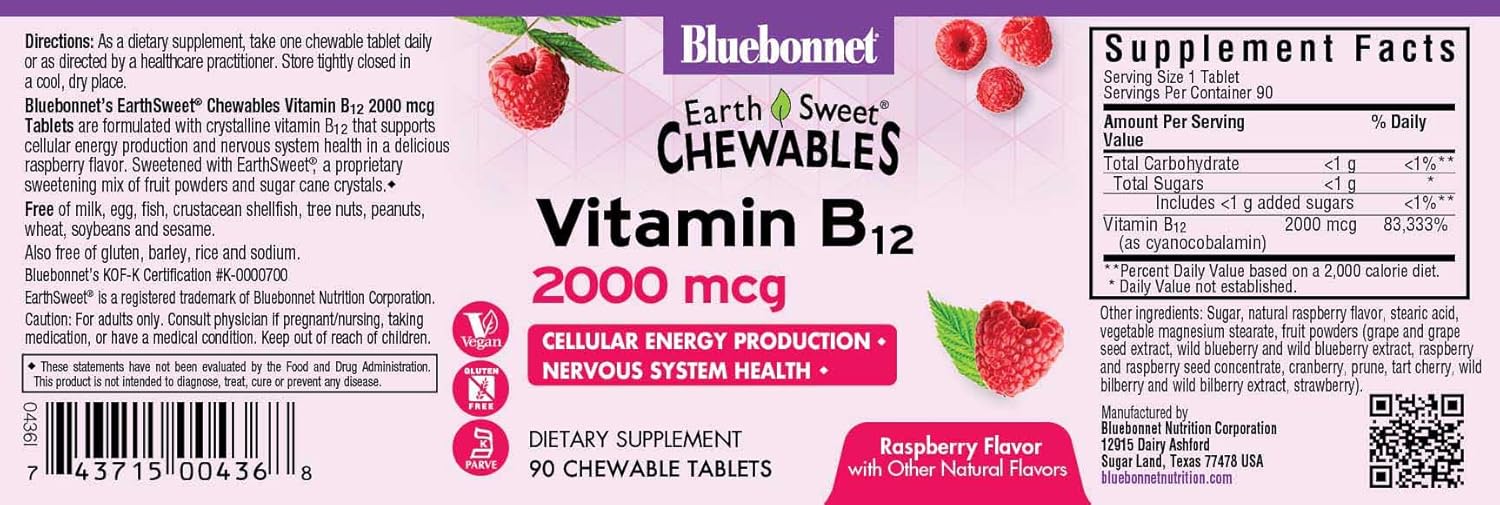 Bluebonnet Nutrition Earth Sweet Vitamin B12 2000 mcg Chewable Tablets - Soy-Free, Gluten-Free, Raspberry Flavored - 90 Chewable Tablets, 90 Servings