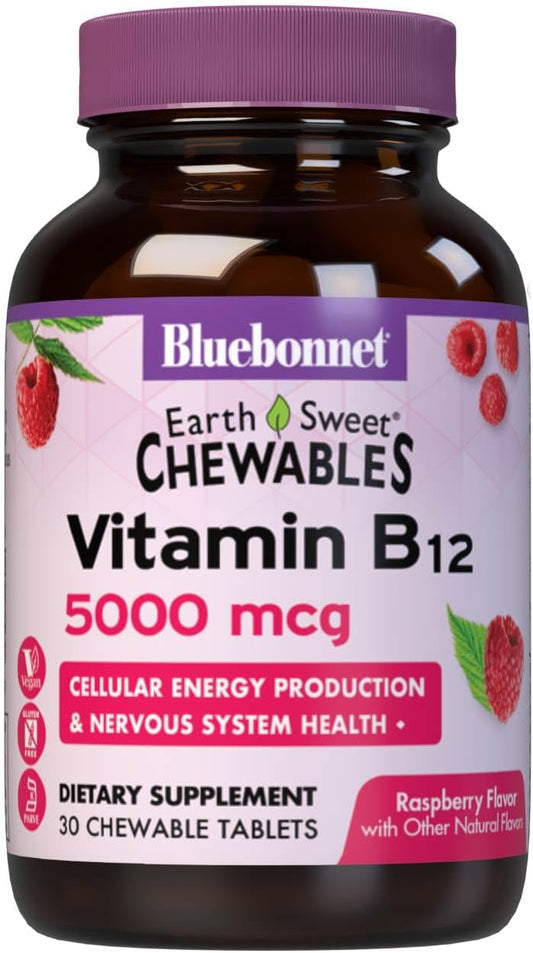 Bluebonnet Nutrition Earth Sweet Vitamin B12 5000 mcg Chewable Tablets - Soy-Free, Gluten-Free, Kosher Certified - Dairy-Free, Vegan - Raspberry Flavored - 30 Count