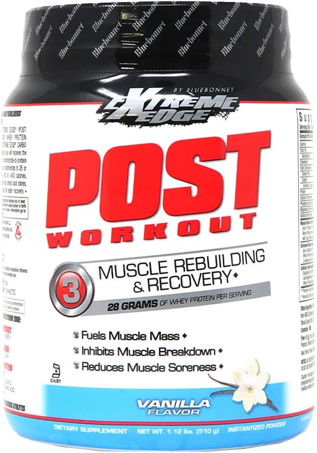 Bluebonnet Nutrition Extreme Edge Vanilla Post Workout Protein Powder - Grass Fed, 28g Protein, No Sugar, Gluten & Soy Free - 1.12 lb