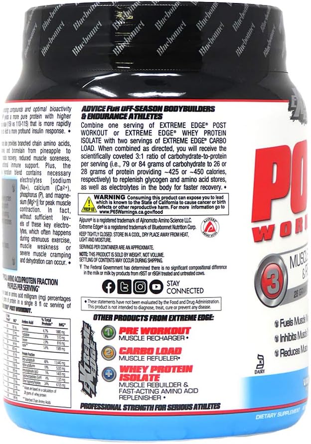 Bluebonnet Nutrition Extreme Edge Vanilla Post Workout Protein Powder - Grass Fed, 28g Protein, No Sugar, Gluten & Soy Free - 1.12 lb