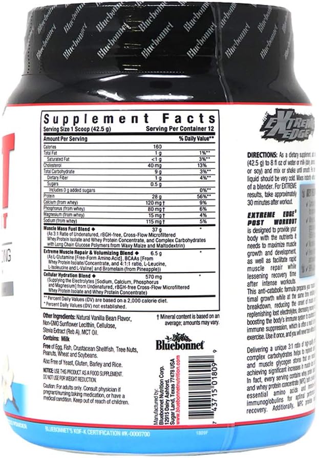 Bluebonnet Nutrition Extreme Edge Vanilla Post Workout Protein Powder - Grass Fed, 28g Protein, No Sugar, Gluten & Soy Free - 1.12 lb