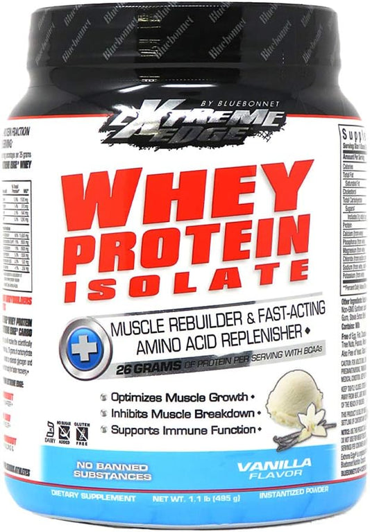 Bluebonnet Nutrition Extreme Edge Vanilla Whey Protein Isolate Powder - Grass Fed, 26g Protein, Non GMO, Gluten Free, Kosher Dairy - 1lb