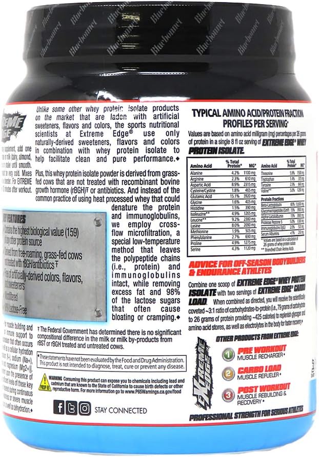 Bluebonnet Nutrition Extreme Edge Vanilla Whey Protein Isolate Powder - Grass Fed, 26g Protein, Non GMO, Gluten Free, Kosher Dairy - 1lb