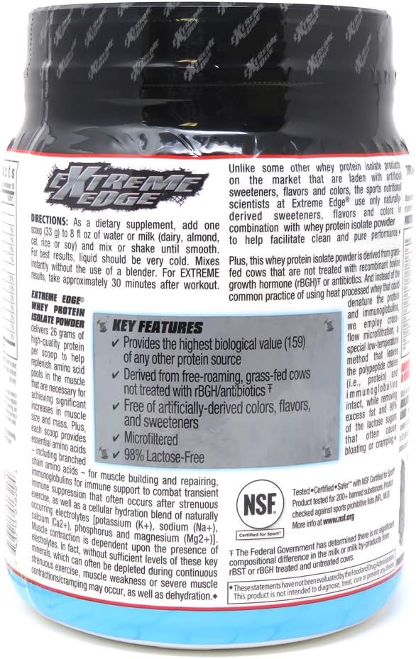 Bluebonnet Nutrition Extreme Edge Vanilla Whey Protein Isolate Powder - Grass Fed, 26g Protein, Non GMO, Gluten Free, Kosher Dairy - 1lb